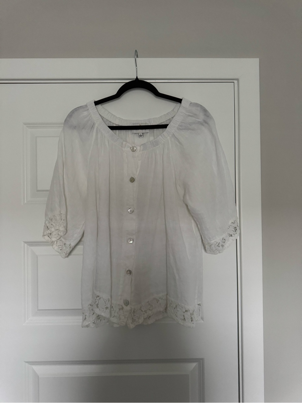 White Button-Front Peasant Blouse with Lace Trim